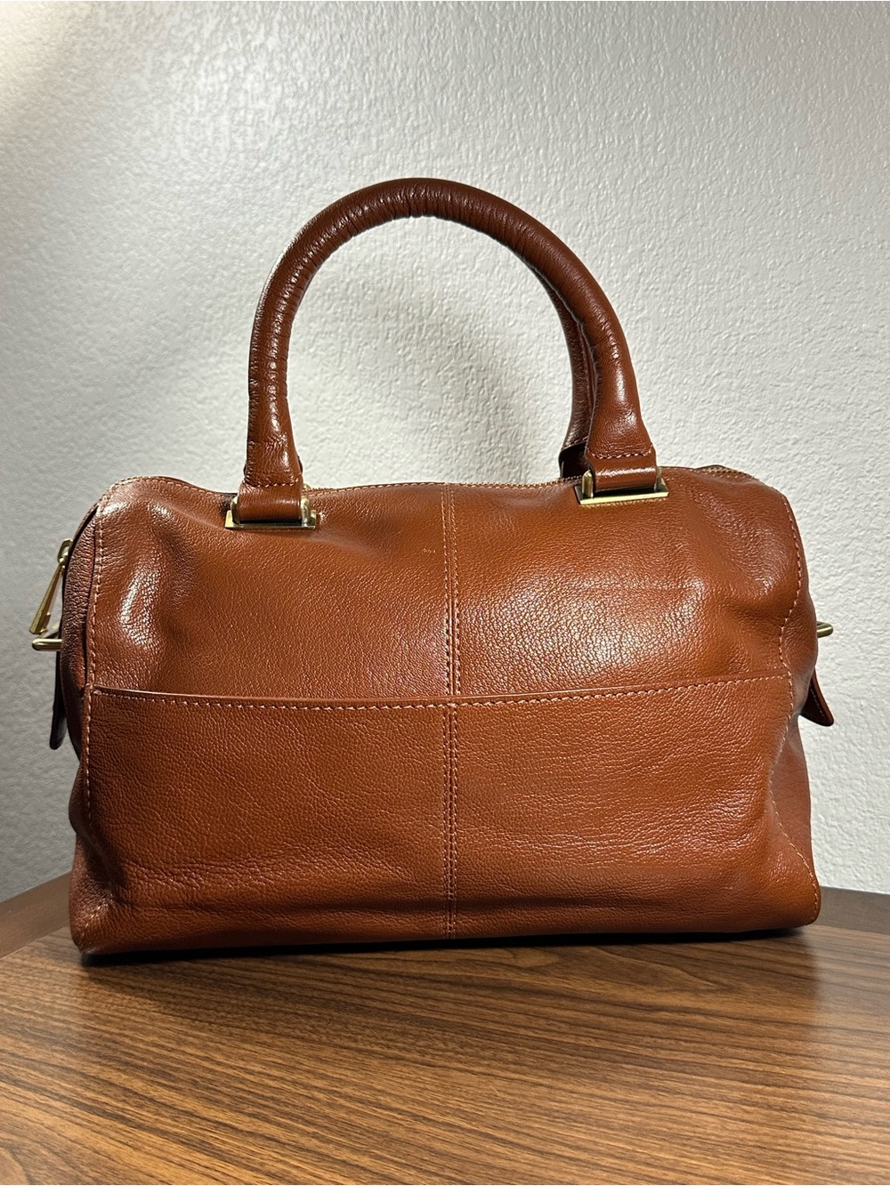 RACHEL Rachel Roy Cognac Leather Satchel Handbag with Large Wristlet/Pouch